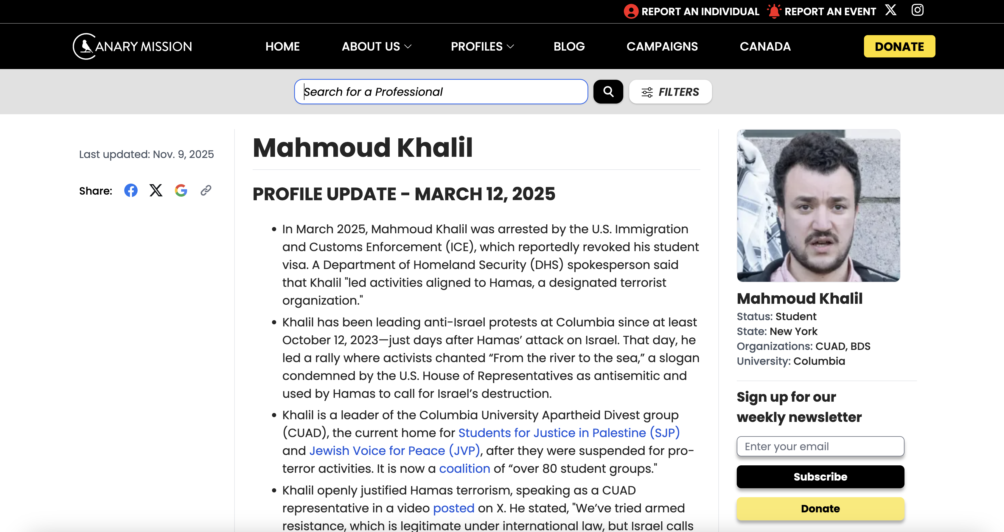 Screenshot of Mahmoud Kahlil&rsquo;s profile on Canary Mission&rsquo;s website on Dec. 29, 2025. ZFJ/Alvin Wu