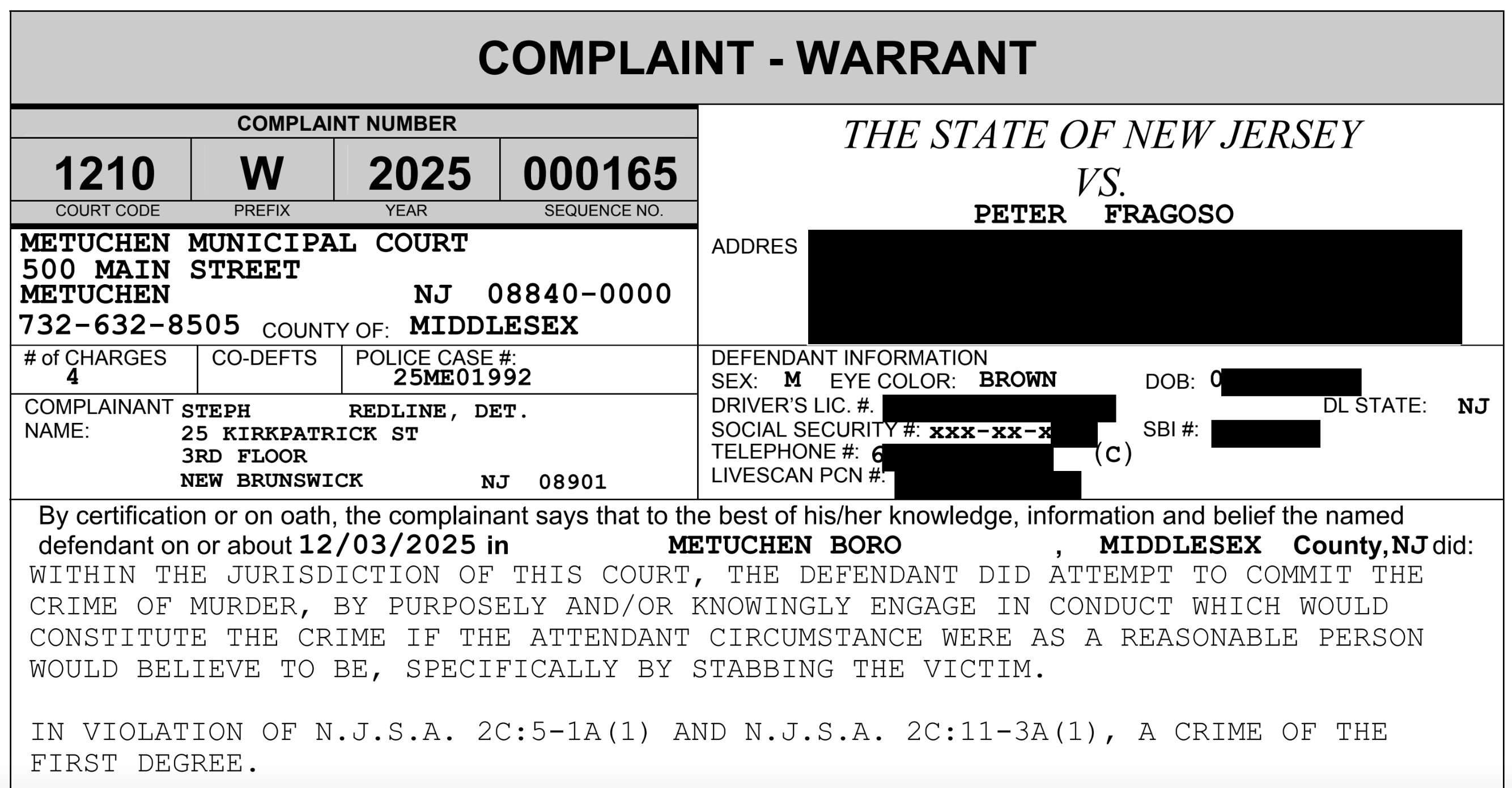 Man charged with Metuchen attempted murder