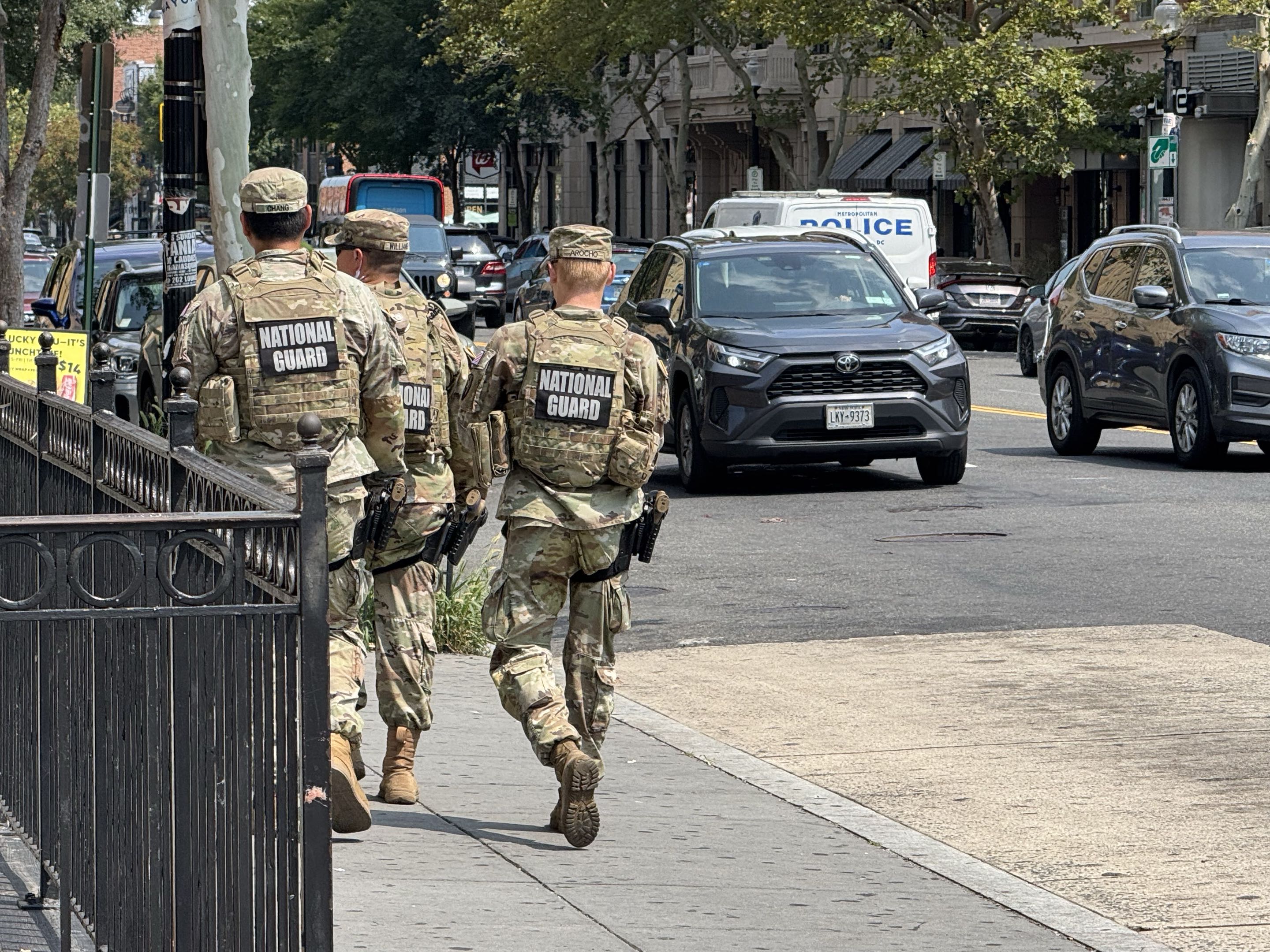Members of the Iowa National Guard patrol U Street NW on Aug. 9, 2026. ZFJ/Alvin Wu