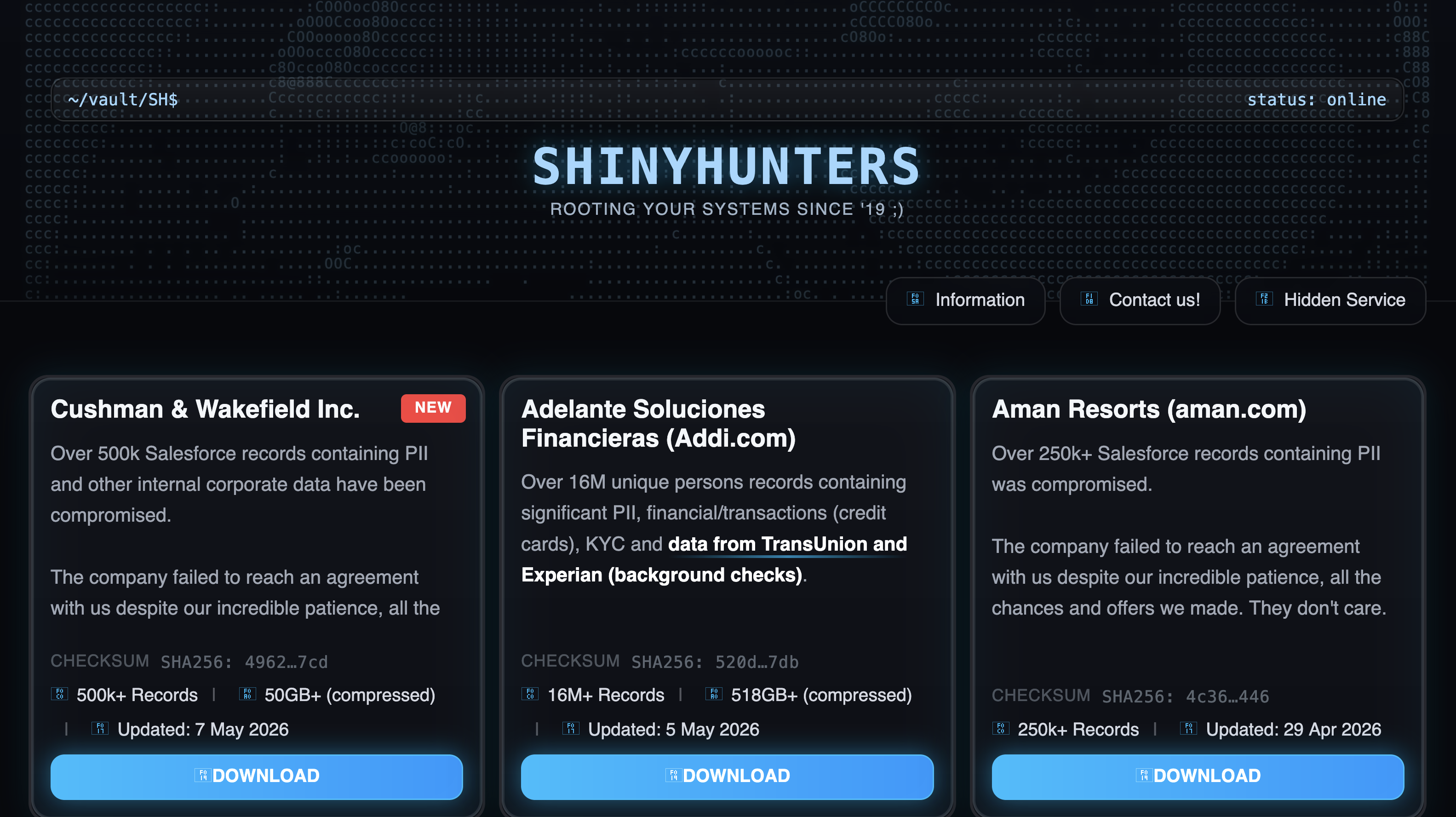 ShinyHunters Tor data leak site as of 1:47 a.m. on Friday, May 8, 2026. ZFJ/Alvin Wu