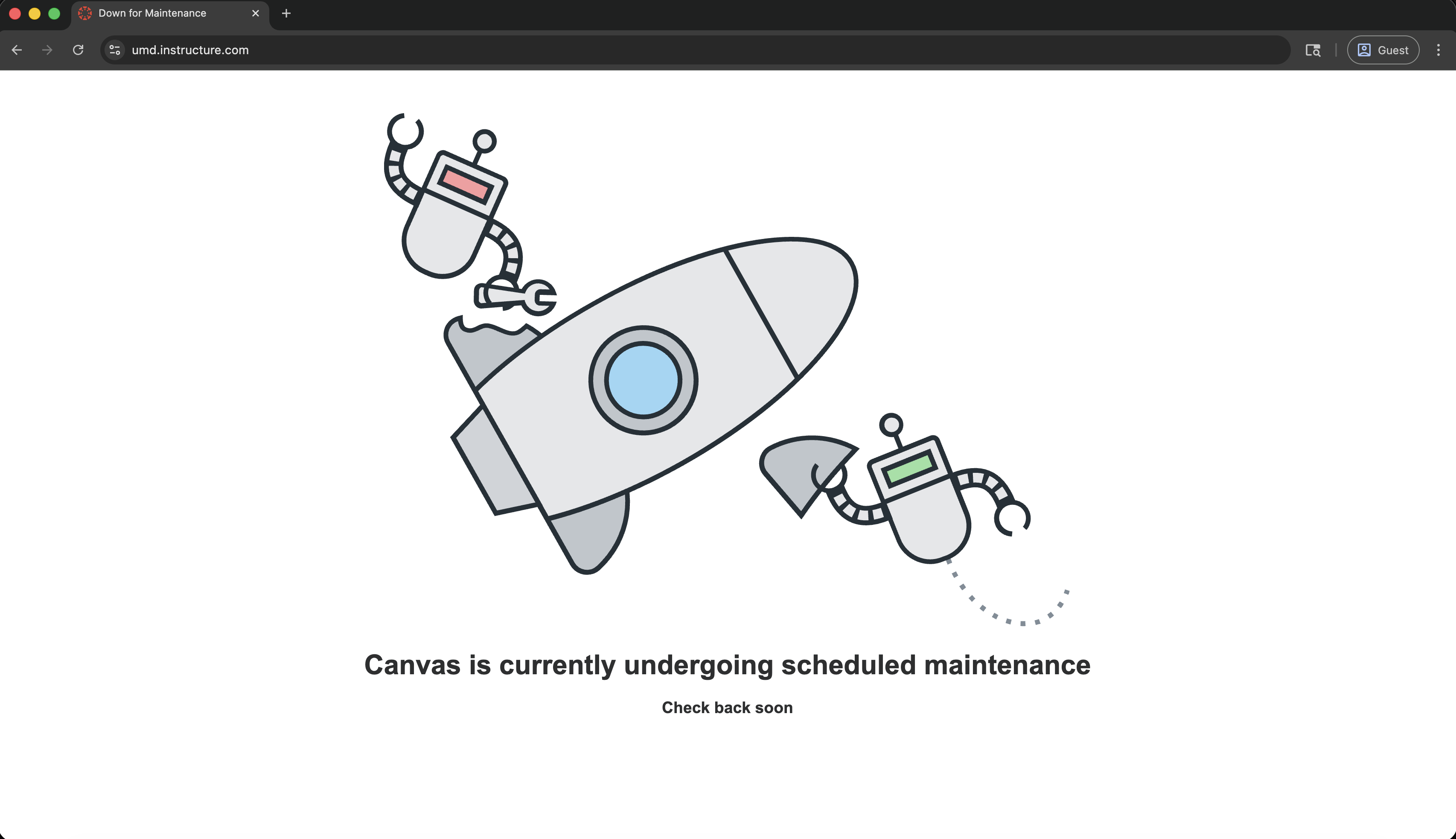 UMD Canvas instance displaying a maintenance message on Thursday, May 7, 2026. ZFJ/Alvin Wu